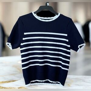 Nanette Lepore Dark Navy & White Knit Top/Med/80s inspired short sleeve sweater